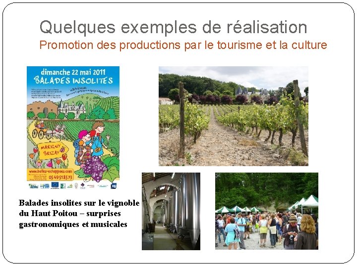 Quelques exemples de réalisation Promotion des productions par le tourisme et la culture Balades