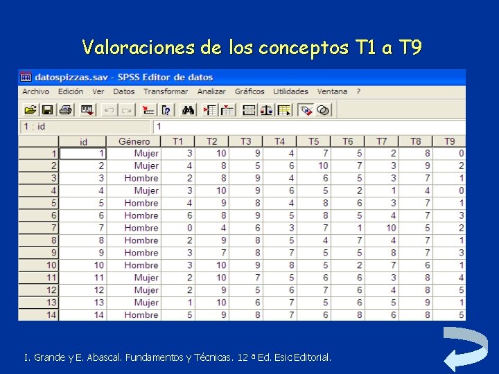 Valoraciones de los conceptos T 1 a T 9 I. Grande y E. Abascal.
