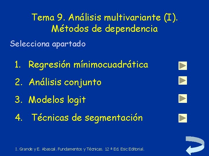 Tema 9. Análisis multivariante (I). Métodos de dependencia Selecciona apartado 1. Regresión mínimocuadrática 2.
