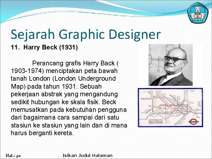 Sejarah Graphic Designer 11. Harry Beck (1931) Perancang grafis Harry Back ( 1903 -1974)