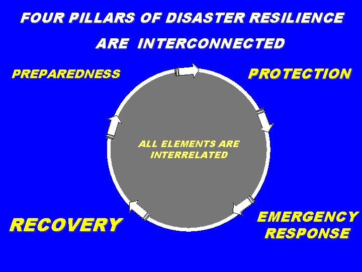 FOUR PILLARS OF DISASTER RESILIENCE ARE INTERCONNECTED PROTECTION PREPAREDNESS ALL ELEMENTS ARE INTERRELATED RECOVERY