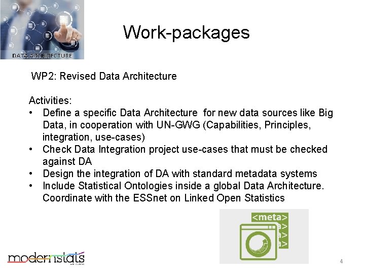 Work-packages WP 2: Revised Data Architecture Activities: • Define a specific Data Architecture for