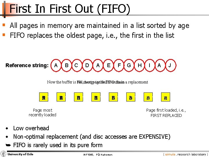 First In First Out (FIFO) § All pages in memory are maintained in a