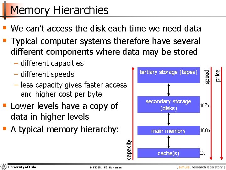 Memory Hierarchies § We can’t access the disk each time we need data §