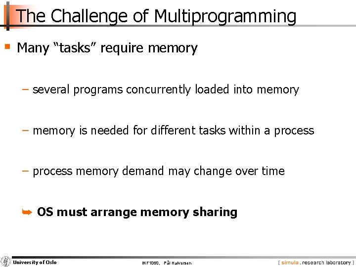 The Challenge of Multiprogramming § Many “tasks” require memory − several programs concurrently loaded