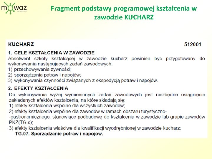 Fragment podstawy programowej kształcenia w zawodzie KUCHARZ 