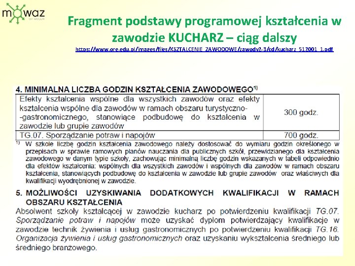 Fragment podstawy programowej kształcenia w zawodzie KUCHARZ – ciąg dalszy https: //www. ore. edu.