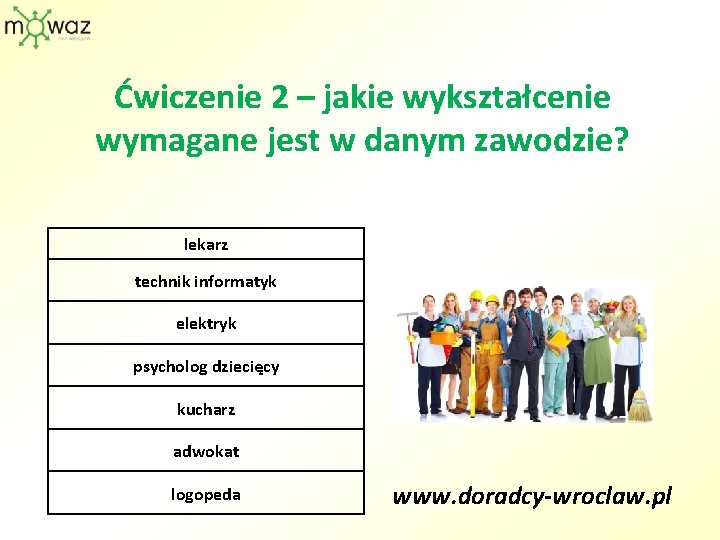 Ćwiczenie 2 – jakie wykształcenie wymagane jest w danym zawodzie? lekarz technik informatyk elektryk Ćwiczenie 2 – jakie wykształcenie wymagane jest w danym zawodzie? lekarz technik informatyk elektryk