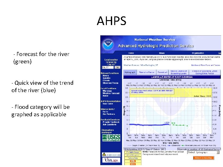 AHPS - Forecast for the river (green) - Quick view of the trend of