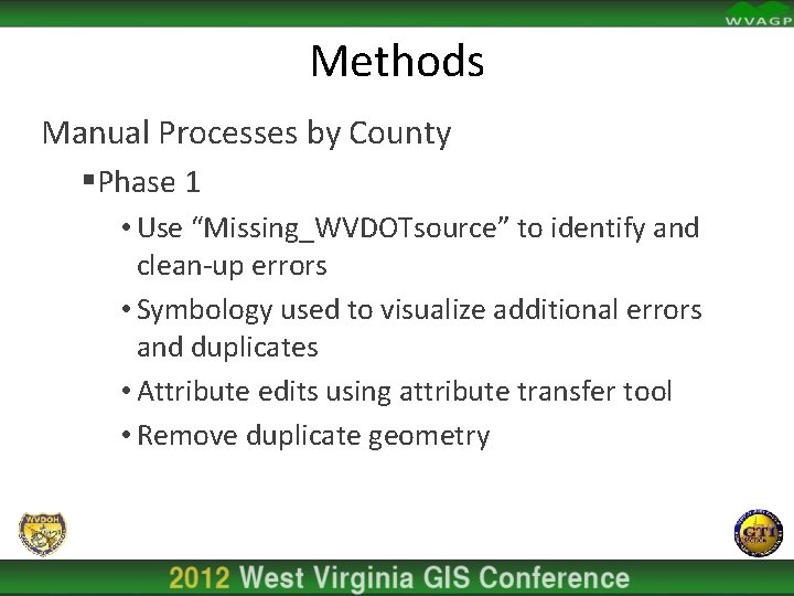 Methods Manual Processes by County §Phase 1 • Use “Missing_WVDOTsource” to identify and clean-up