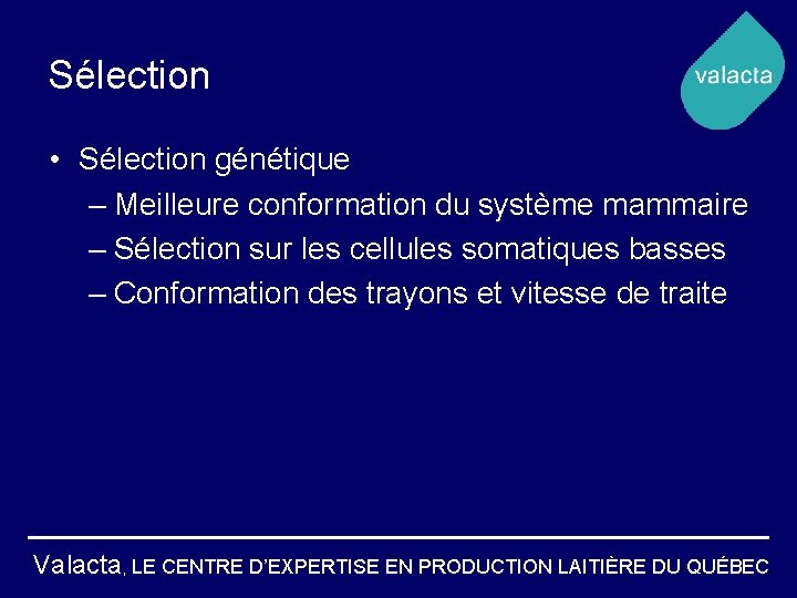 Sélection • Sélection génétique – Meilleure conformation du système mammaire – Sélection sur les