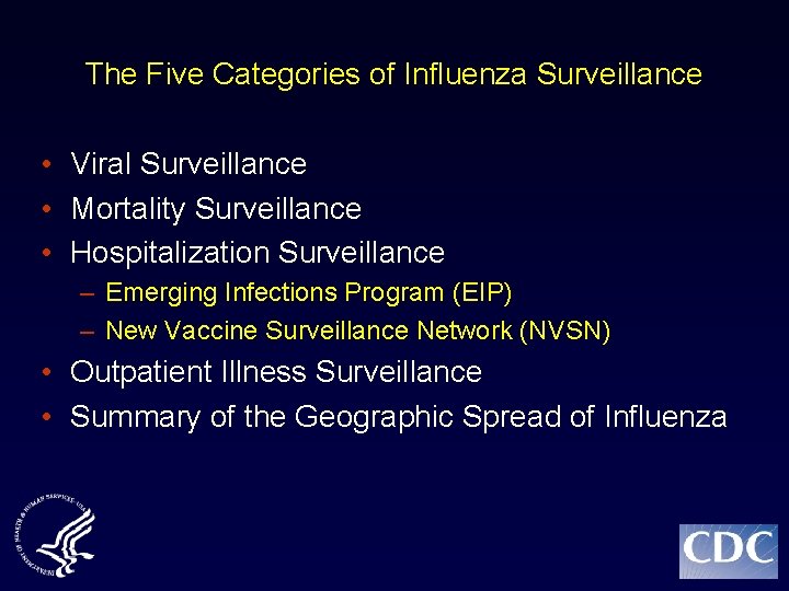 The Five Categories of Influenza Surveillance • Viral Surveillance • Mortality Surveillance • Hospitalization