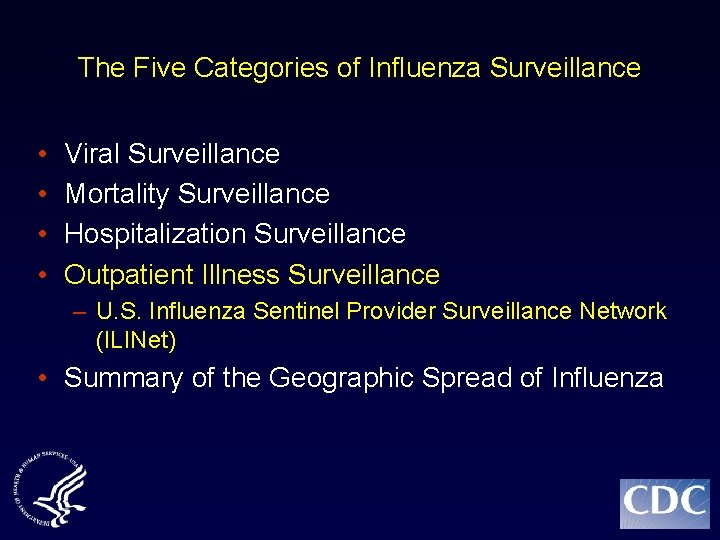 The Five Categories of Influenza Surveillance • • Viral Surveillance Mortality Surveillance Hospitalization Surveillance