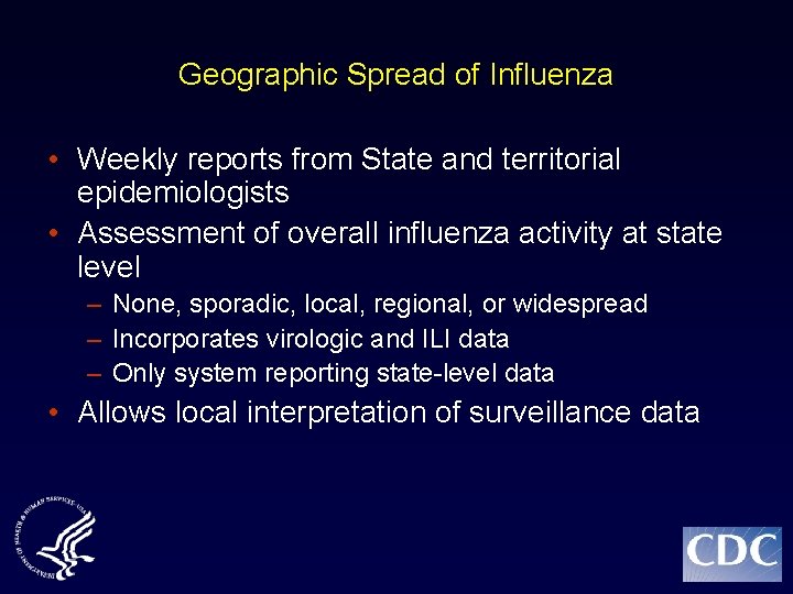 Geographic Spread of Influenza • Weekly reports from State and territorial epidemiologists • Assessment