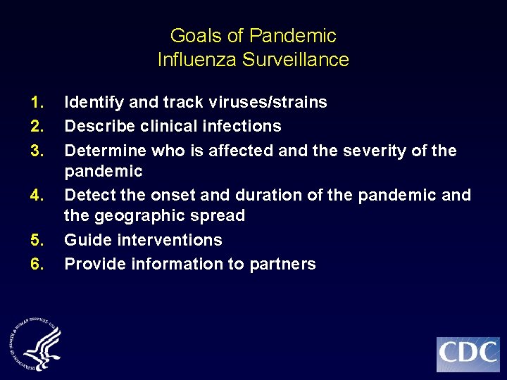 Goals of Pandemic Influenza Surveillance 1. 2. 3. 4. 5. 6. Identify and track
