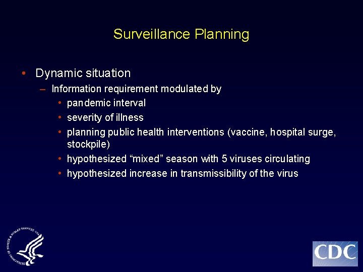 Surveillance Planning • Dynamic situation – Information requirement modulated by • pandemic interval •