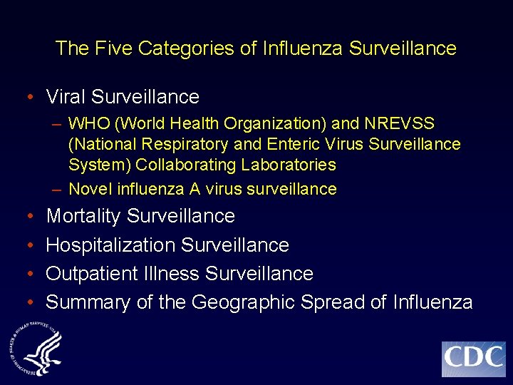 The Five Categories of Influenza Surveillance • Viral Surveillance – WHO (World Health Organization)