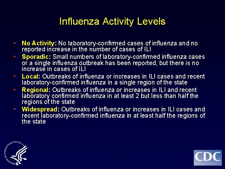 Influenza Activity Levels • No Activity: No laboratory-confirmed cases of influenza and no reported