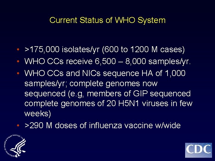 Current Status of WHO System • >175, 000 isolates/yr (600 to 1200 M cases)