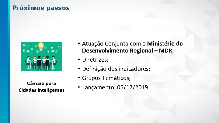 Próximos passos Câmara para Cidades Inteligentes • Atuação Conjunta com o Ministério do Desenvolvimento