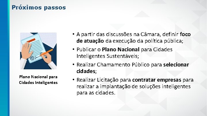 Próximos passos Plano Nacional para Cidades Inteligentes • A partir das discussões na Câmara,