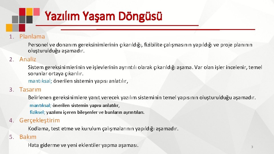 Yazılım Yaşam Döngüsü 1. Planlama Personel ve donanım gereksinimlerinin çıkarıldığı, fizibilite çalışmasının yapıldığı ve