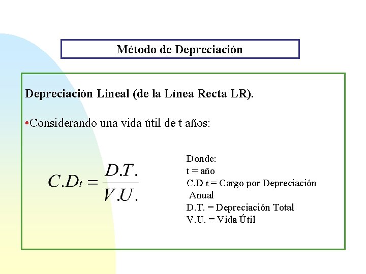 Método de Depreciación Lineal (de la Línea Recta LR). • Considerando una vida útil