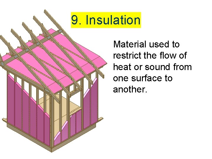 9. Insulation Material used to restrict the flow of heat or sound from one 9. Insulation Material used to restrict the flow of heat or sound from one