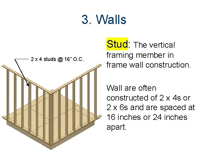 3. Walls Stud: The vertical 2 x 4 studs @ 16” O. C. framing 3. Walls Stud: The vertical 2 x 4 studs @ 16” O. C. framing