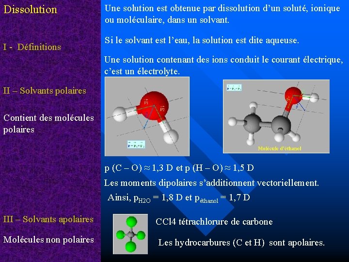 Dissolution I - Définitions Une solution est obtenue par dissolution d’un soluté, ionique ou