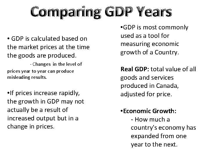 Comparing GDP Years • GDP is calculated based on the market prices at the