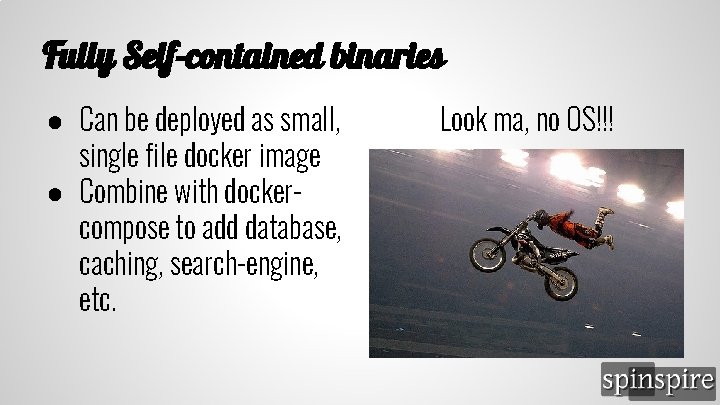 Fully Self-contained binaries ● Can be deployed as small, single file docker image ●