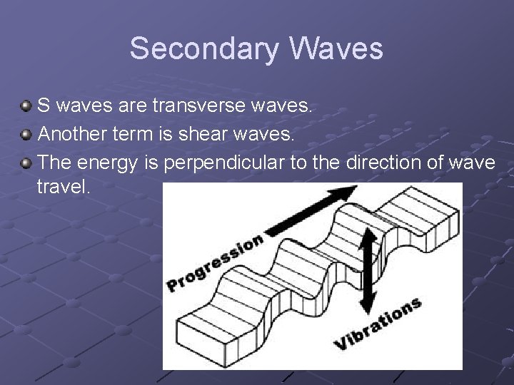 Secondary Waves S waves are transverse waves. Another term is shear waves. The energy