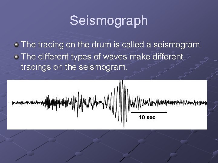 Seismograph The tracing on the drum is called a seismogram. The different types of