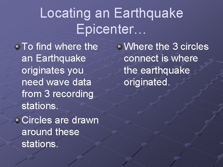 Locating an Earthquake Epicenter… To find where the an Earthquake originates you need wave