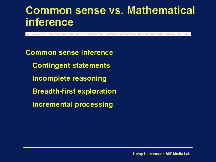 Common sense vs. Mathematical inference Common sense inference Contingent statements Incomplete reasoning Breadth-first exploration