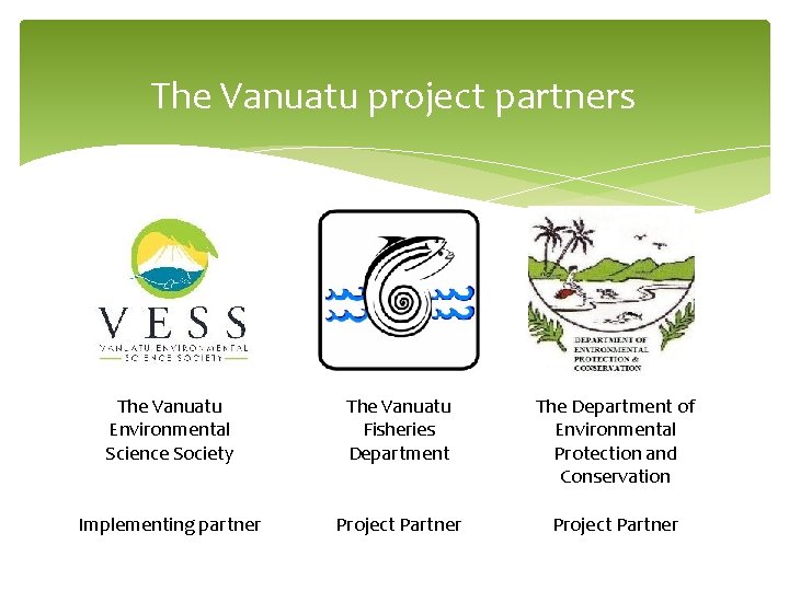 The Vanuatu project partners The Vanuatu Environmental Science Society The Vanuatu Fisheries Department The