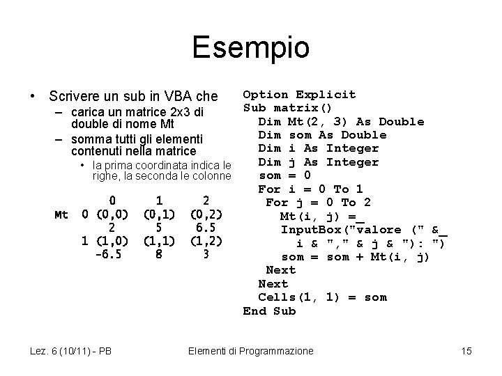Esempio Option Explicit Sub matrix() – carica un matrice 2 x 3 di Dim