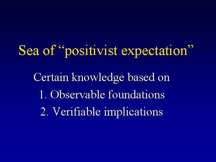 Sea of “positivist expectation” Certain knowledge based on 1. Observable foundations 2. Verifiable implications