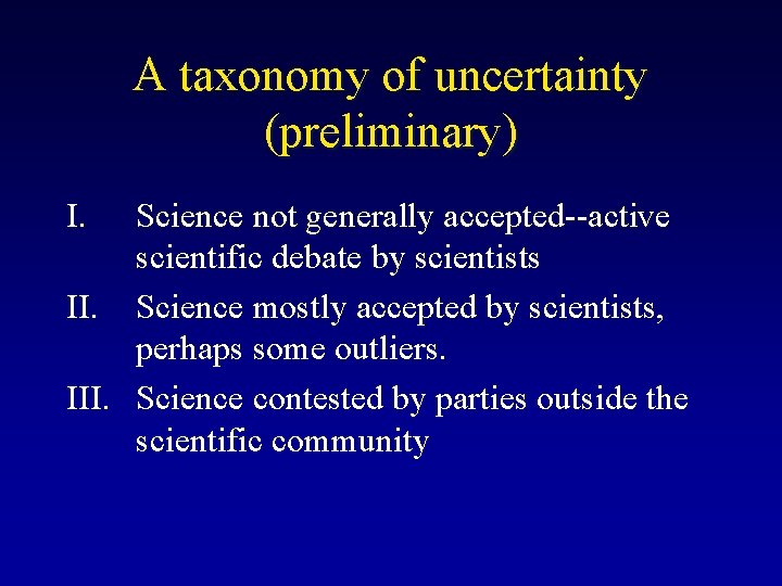 A taxonomy of uncertainty (preliminary) I. Science not generally accepted--active scientific debate by scientists