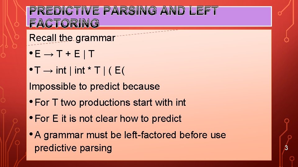 PREDICTIVE PARSING AND LEFT FACTORING Recall the grammar • E → T + E