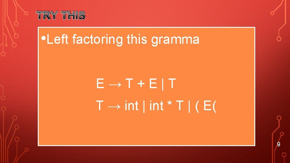 TRY THIS • Left factoring this gramma E→T+E|T T → int | int *