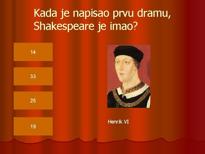 Kada je napisao prvu dramu, Shakespeare je imao? 14 33 25 19 Henrik VI