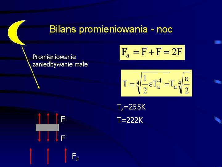 Bilans promieniowania - noc Promieniowanie zaniedbywanie małe Ta=255 K F T=222 K F Fa