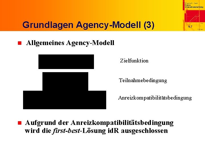 Grundlagen Agency-Modell (3) n 4. 7 Allgemeines Agency-Modell Zielfunktion Teilnahmebedingung Anreizkompatibilitätsbedingung n Aufgrund der