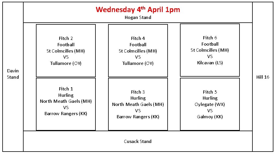 Wednesday 4 th April 1 pm Hogan Stand Pitch 2 Football St Colmcilles (MH)