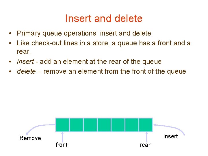 Insert and delete • Primary queue operations: insert and delete • Like check-out lines