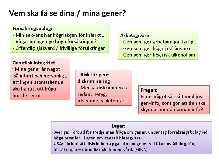 Vem ska få se dina / mina gener? Försäkringsbolag: - Min sekvens har högriskgen