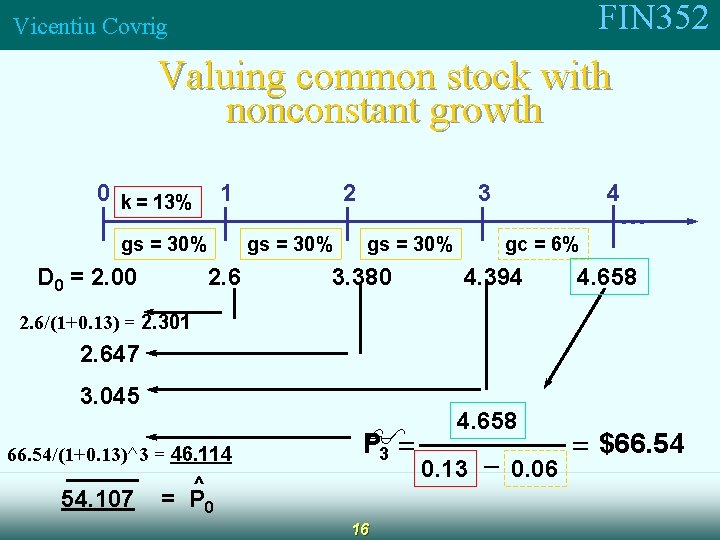 FIN 352 Vicentiu Covrig Valuing common stock with nonconstant growth 0 k = 13%