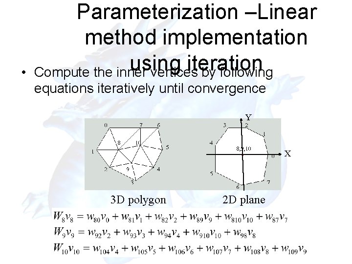  • Parameterization –Linear method implementation using iteration Compute the inner vertices by following